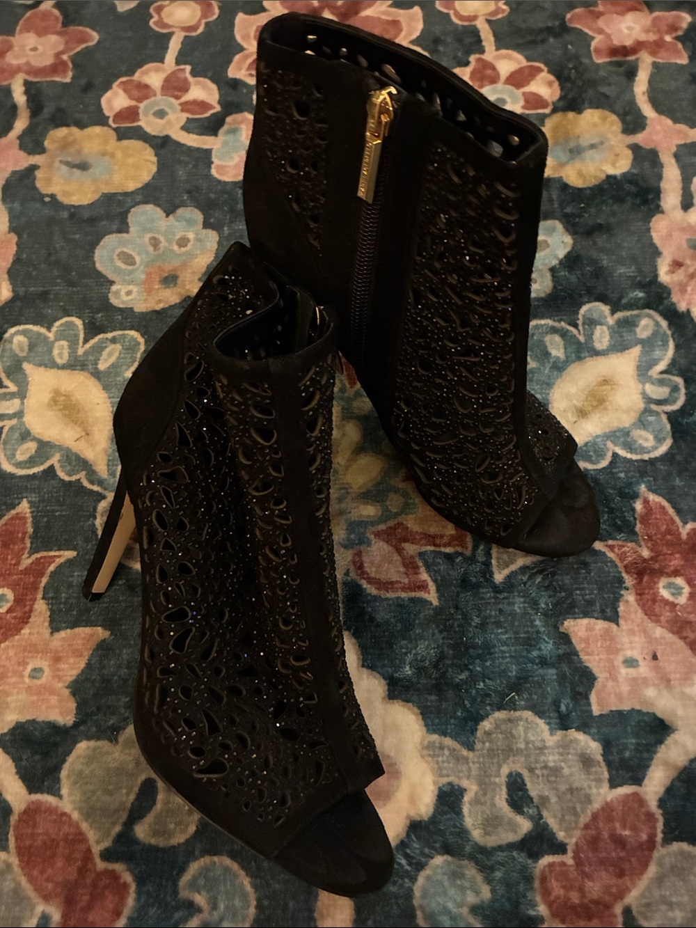 Karl Lagerfeld Black Laser-Cut Open-Toe Stiletto Booties with Gold Zip